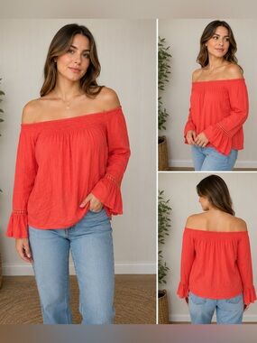 Westport Coral Off Shoulder Peasant Blouse 2X Boho Cottagecore Bell Sleeve Plus
